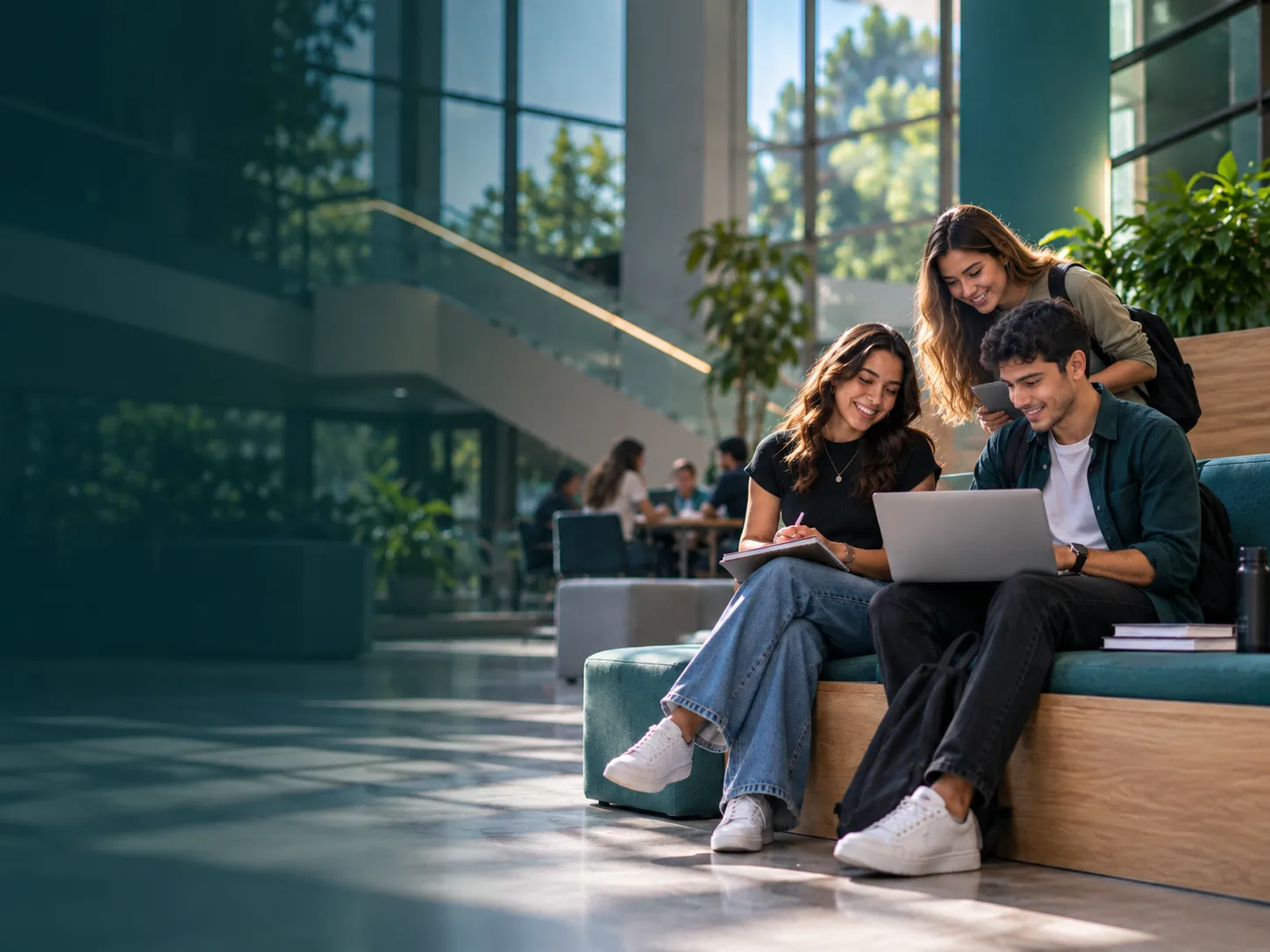Alunos de Administração estudando em grupo no campus