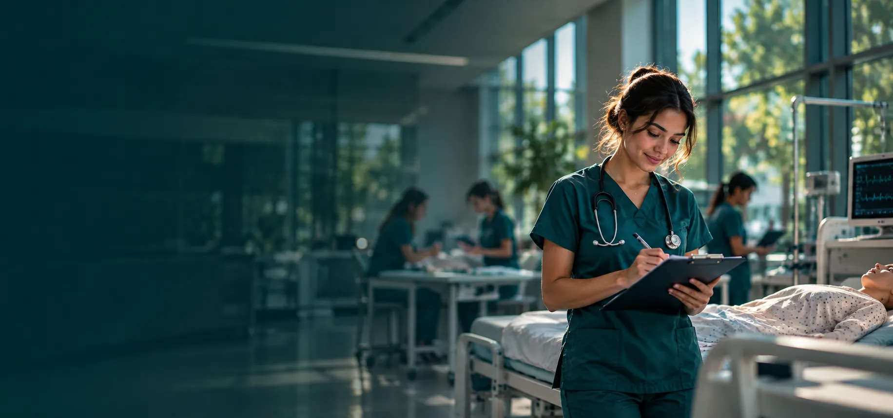 Aluna de Enfermagem fazendo anotações em prática hospitalar simulada