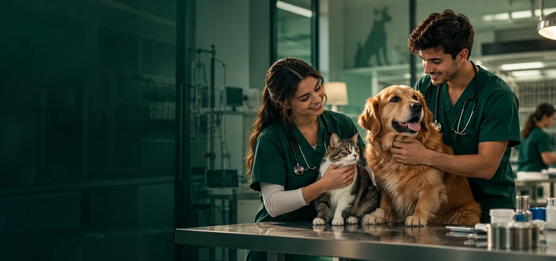 Alunos de Medicina Veterinária com um cão e um gato na clínica